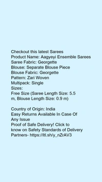 Product Name: *Aagyeyi Ensemble Sarees*Saree Fabric: GeorgetteBlouse: Separate Blouse PieceBlouse Fabric: GeorgettePattern: Zari WovenMultipack: Single - Free Size (Saree Length Size: 5.5 m, Blouse Length Size: 0.9 m) 