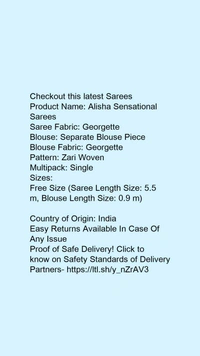 Product Name: *Alisha Sensational Sarees*Saree Fabric: GeorgetteBlouse: Separate Blouse PieceBlouse Fabric: GeorgettePattern: Zari WovenMultipack: Single - Free Size (Saree Length Size: 5.5 m, Blouse Length Size: 0.9 m) 