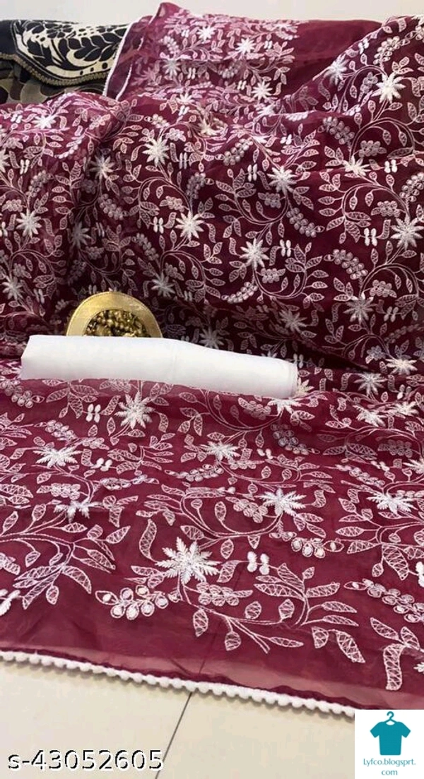 Product Name: *Chitrarekha Fashionable Sarees*Saree Fabric: OrganzaBlouse: Separate Blouse PieceBlouse Fabric: SilkPattern: SolidBlouse Pattern: Same as SareeMultipack: Single - Free Size (Saree Length Size: 5.5 m, Blouse Length Size: 0.8 m) 