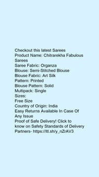 Product Name: *Chitrarekha Fabulous Sarees*Saree Fabric: OrganzaBlouse: Semi-Stitched BlouseBlouse Fabric: Art SilkPattern: PrintedBlouse Pattern: SolidMultipack: Single - Free size