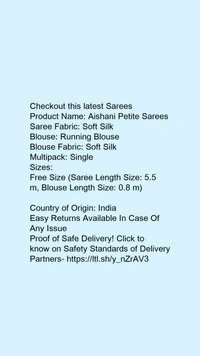 Product Name: *Aishani Petite Sarees*Saree Fabric: Soft SilkBlouse: Running BlouseBlouse Fabric: Soft SilkMultipack: Single - Free Size (Saree Length Size: 5.5 m, Blouse Length Size: 0.8 m)
