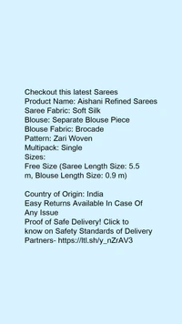 Product Name: *Aishani Refined Sarees*Saree Fabric: Soft SilkBlouse: Separate Blouse PieceBlouse Fabric: BrocadePattern: Zari WovenMultipack: Single - Free  size