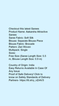 Product Name: *Aishani Refined Sarees*Saree Fabric: Soft SilkBlouse: Separate Blouse PieceBlouse Fabric: BrocadePattern: Zari WovenMultipack: Single - Free size