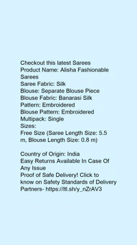 Product Name: *Alisha Fashionable Sarees*Saree Fabric: SilkBlouse: Separate Blouse PieceBlouse Fabric: Banarasi SilkPattern: EmbroideredBlouse Pattern: EmbroideredMultipack: Single - Free size
