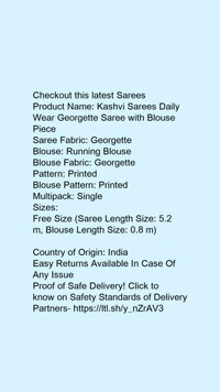 Product Name: *Kashvi Sarees Daily Wear Georgette Saree with Blouse Piece*Saree Fabric: GeorgetteBlouse: Running BlouseBlouse Fabric: GeorgettePattern: PrintedBlouse Pattern: PrintedMultipack: Single - free size