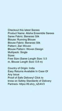 Product Name: *Alisha Ensemble Sarees*Saree Fabric: Banarasi SilkBlouse: Running BlouseBlouse Fabric: Banarasi SilkPattern: Zari WovenBlouse Pattern: Woven DesignMultipack: Single - Free size