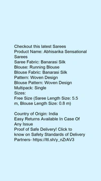 Product Name: *Abhisarika Sensational Sarees*Saree Fabric: Banarasi SilkBlouse: Running BlouseBlouse Fabric: Banarasi SilkPattern: Woven DesignBlouse Pattern: Woven DesignMultipack: Single - Free size