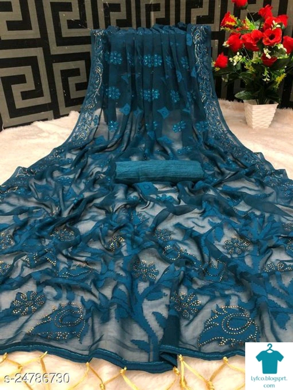 Product Name: *Aagyeyi Fashionable Sarees*Saree Fabric: GeorgetteBlouse: Separate Blouse PieceBlouse Fabric: SatinPattern: Woven DesignBlouse Pattern: Woven DesignMultipack: Single - Free size