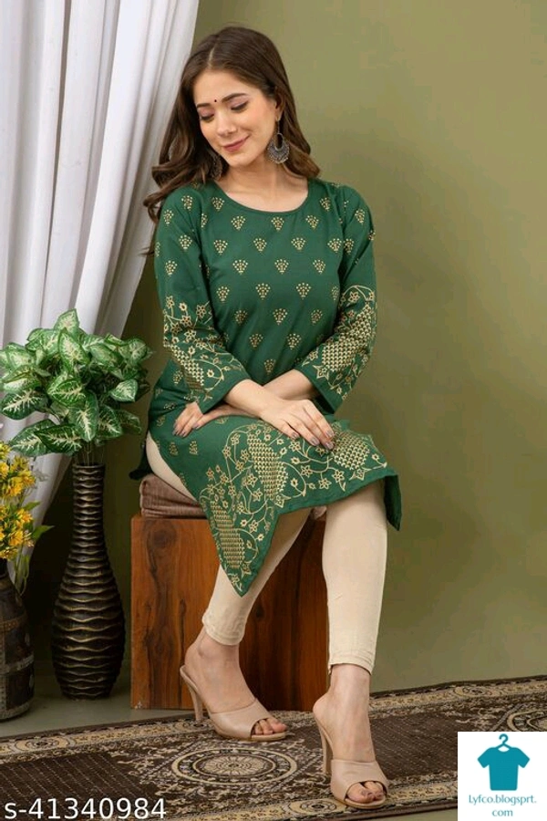Product Name: *Chitrarekha Petite Kurtis*Fabric: CottonSleeve Length: Three-Quarter SleevesPattern: PrintedCombo of: Single - Size- L