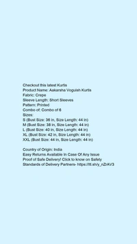 Product Name: *Aakarsha Voguish Kurtis*Fabric: CrepeSleeve Length: Short SleevesPattern: PrintedCombo of: Combo of 6 - size- S
