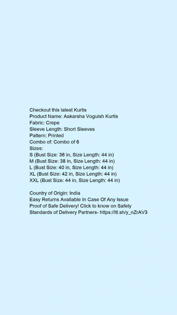 Product Name: *Aakarsha Voguish Kurtis*Fabric: CrepeSleeve Length: Short SleevesPattern: PrintedCombo of: Combo of 6 - size- S