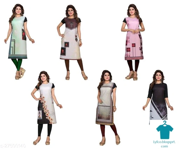 Product Name: *Aakarsha Voguish Kurtis*Fabric: CrepeSleeve Length: Short SleevesPattern: PrintedCombo of: Combo of 6 - size- M