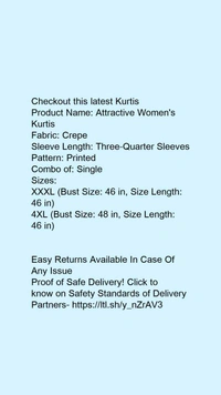 Product Name: *Attractive Women's Kurtis*Fabric: CrepeSleeve Length: Three-Quarter SleevesPattern: PrintedCombo of: Single - size- 4XL