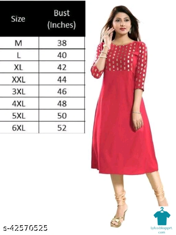 Product Name: *  hot selling plus size Aline crepe Kurti*Fabric: CrepeSleeve Length: Three-Quarter SleevesPattern: PrintedCombo of: Single - size- Free size, colour- Red