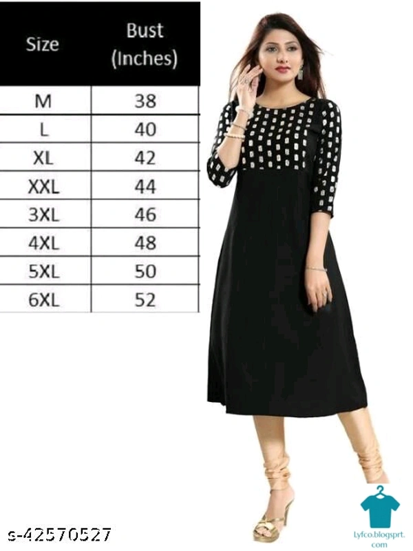 Product Name: *  hot selling plus size Aline crepe Kurti*Fabric: CrepeSleeve Length: Three-Quarter SleevesPattern: PrintedCombo of: Single - size- Free size, colour- Red