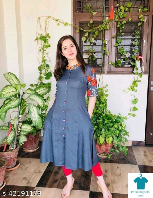 Product Name: *Aagam Fashionable Kurtis*Fabric: RayonSleeve Length: Three-Quarter SleevesPattern: SolidCombo of: Single - size- L