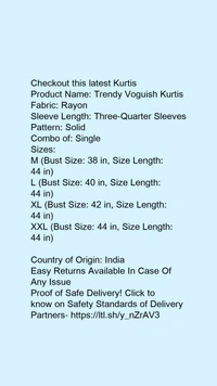 Product Name: *Aagam Fashionable Kurtis*Fabric: RayonSleeve Length: Three-Quarter SleevesPattern: SolidCombo of: Single - size- L