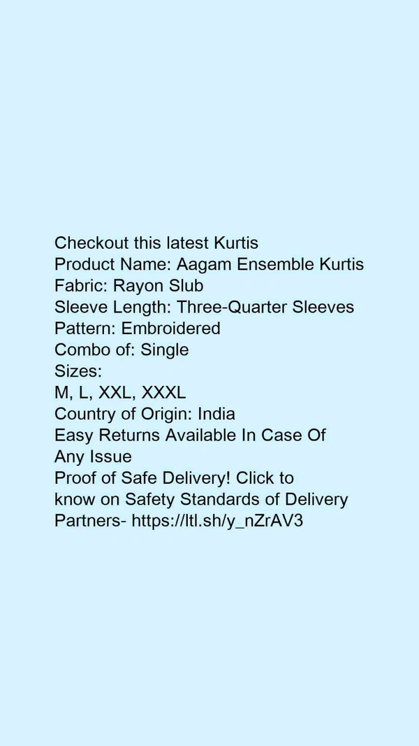Product Name: *Aagam Ensemble Kurtis*Fabric: Rayon SlubSleeve Length: Three-Quarter SleevesPattern: EmbroideredCombo of: Single - colour- Dark blue, XL