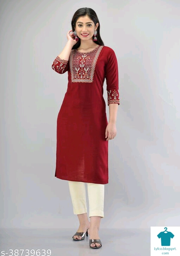 Product Name: *Aagam Ensemble Kurtis*Fabric: Rayon SlubSleeve Length: Three-Quarter SleevesPattern: EmbroideredCombo of: Single - colour- Dark blue, XL