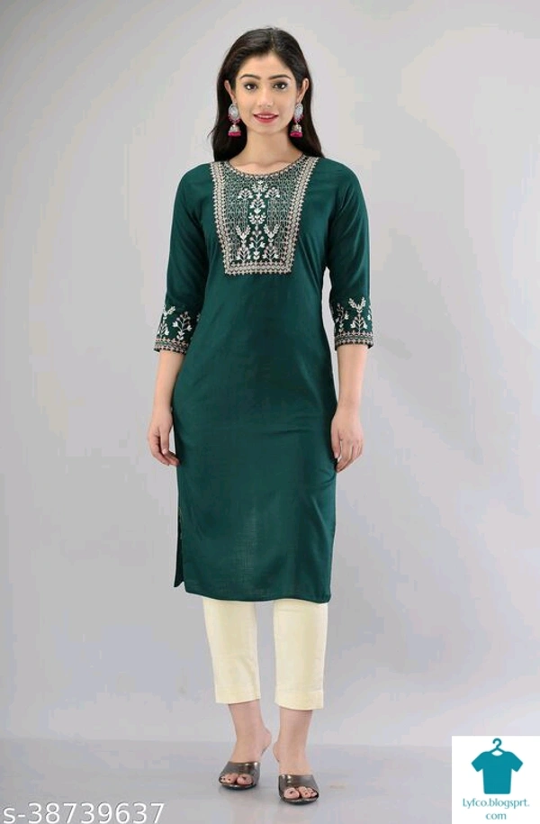 Product Name: *Aagam Ensemble Kurtis*Fabric: Rayon SlubSleeve Length: Three-Quarter SleevesPattern: EmbroideredCombo of: Single - colour- Dark blue, XL