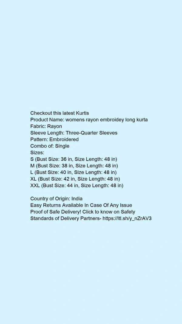 embroidey long kurta*Fabric: RayonSleeve Length: Three-Quarter SleevesPattern: EmbroideredCombo of: Single - colour- Black, size- L