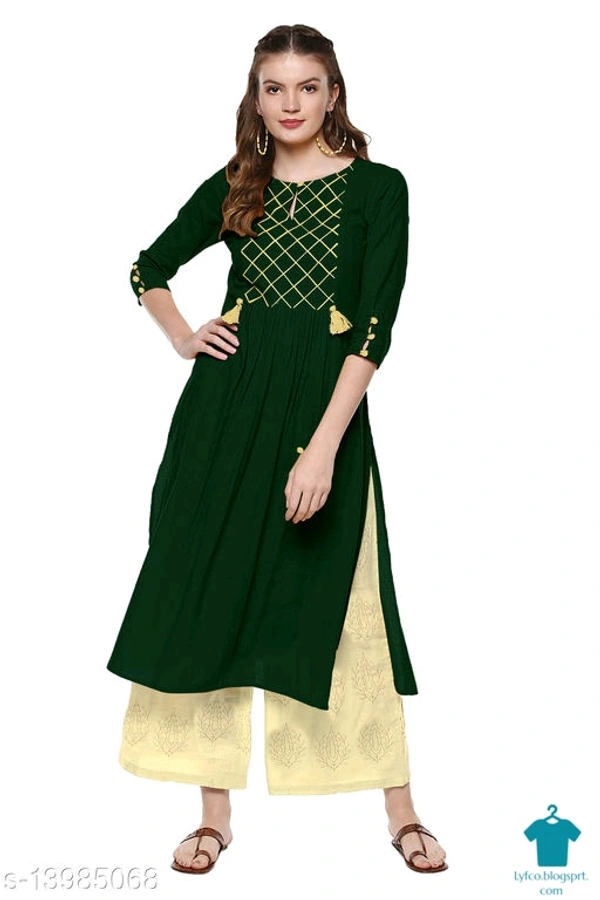 Product Name: *Rayon A-line kurti for women*Fabric: RayonSleeve Length: Three-Quarter SleevesPattern: SolidCombo of: Single - size- S, Colour- Dark Green