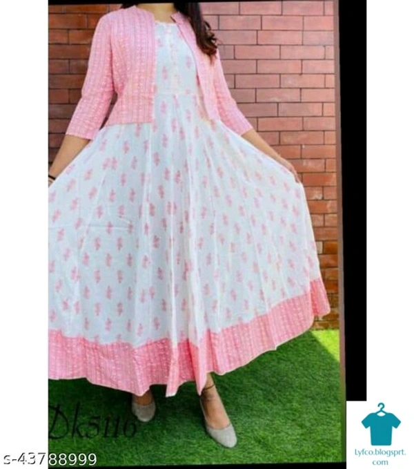 Product Name: *Rayon Anarkali Dress Flared Kurti with Detachable Jacket Tussels and Gold Print *Fabric: RayonSleeve Length: Three-Quarter SleevesPattern: PrintedCombo of: Single - Size- M
