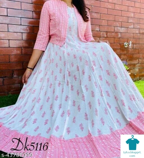 Product Name: *Rayon Anarkali Dress Flared Kurti with Detachable Jacket Tussels and Gold Print *Fabric: RayonSleeve Length: Three-Quarter SleevesPattern: PrintedCombo of: Single - Size- M