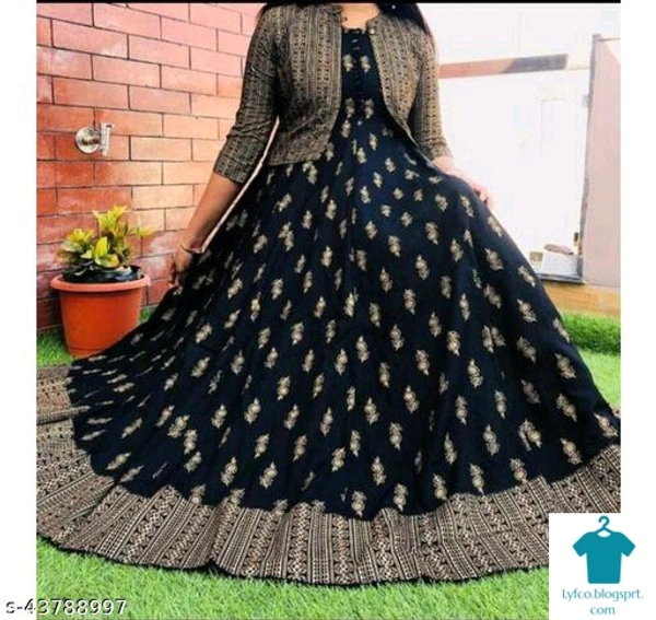 Product Name: *Rayon Anarkali Dress Flared Kurti with Detachable Jacket Tussels and Gold Print *Fabric: RayonSleeve Length: Three-Quarter SleevesPattern: PrintedCombo of: Single - size- L