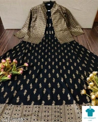 Product Name: *Rayon Anarkali Dress Flared Kurti with Detachable Jacket Tussels and Gold Print *Fabric: RayonSleeve Length: Three-Quarter SleevesPattern: PrintedCombo of: Single - size- XXL