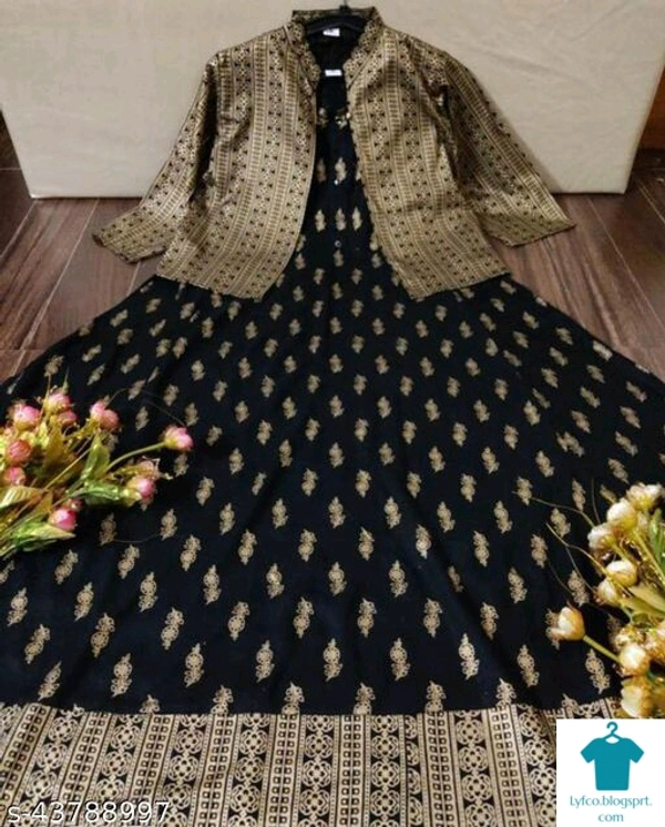 Product Name: *Rayon Anarkali Dress Flared Kurti with Detachable Jacket Tussels and Gold Print *Fabric: RayonSleeve Length: Three-Quarter SleevesPattern: PrintedCombo of: Single - size- XXL
