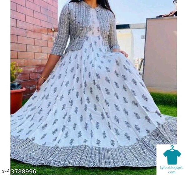 Product Name: *Rayon Anarkali Dress Flared Kurti with Detachable Jacket Tussels and Gold Print *Fabric: RayonSleeve Length: Three-Quarter SleevesPattern: PrintedCombo of: Single - size- XXL
