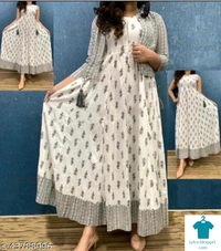 Product Name: *Rayon Anarkali Dress Flared Kurti with Detachable Jacket Tussels and Gold Print *Fabric: RayonSleeve Length: Three-Quarter SleevesPattern: PrintedCombo of: Single - size- XXL