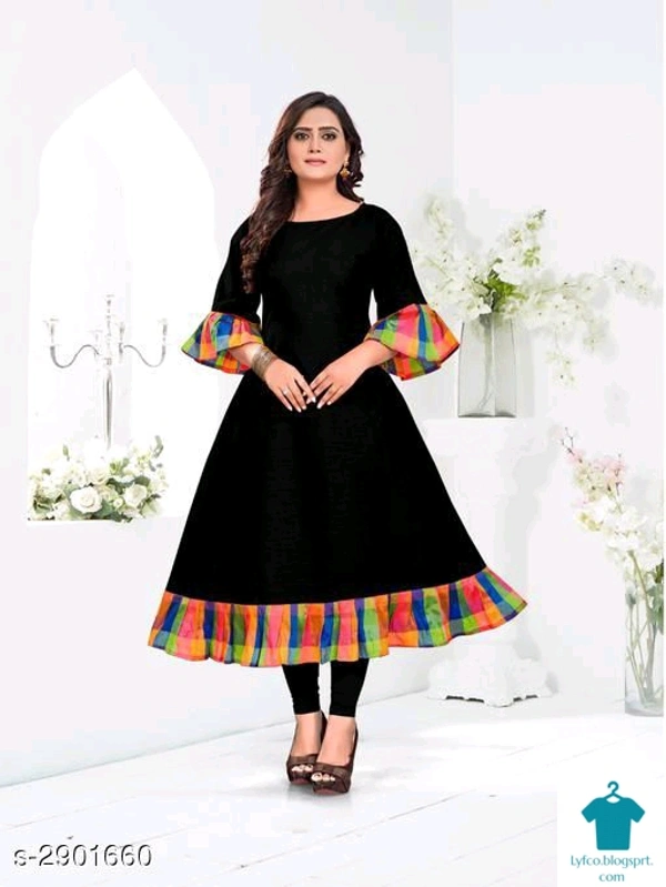 Product Name: *Women's Printed Cotton Slub Anarkali Kurti*Fabric: Cotton SlubSleeve Length: Three-Quarter SleevesPattern: PrintedCombo of: Single - colour- Black, size- M