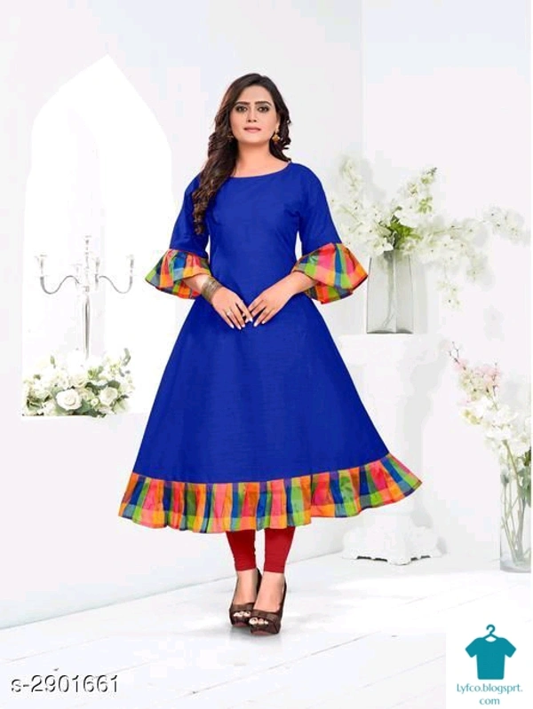 Product Name: *Women's Printed Cotton Slub Anarkali Kurti*Fabric: Cotton SlubSleeve Length: Three-Quarter SleevesPattern: PrintedCombo of: Single - colour- Dark Green, size- L