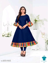 Product Name: *Women's Printed Cotton Slub Anarkali Kurti*Fabric: Cotton SlubSleeve Length: Three-Quarter SleevesPattern: PrintedCombo of: Single - colour- Dark Green, size- L