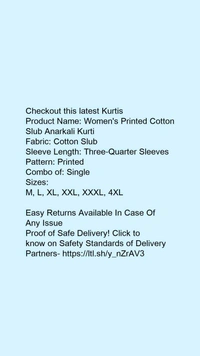Product Name: *Women's Printed Cotton Slub Anarkali Kurti*Fabric: Cotton SlubSleeve Length: Three-Quarter SleevesPattern: PrintedCombo of: Single - size- XXL