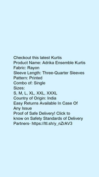 Product Name: *Adrika Ensemble Kurtis*Fabric: RayonSleeve Length: Three-Quarter SleevesPattern: PrintedCombo of: Single - size- XxL