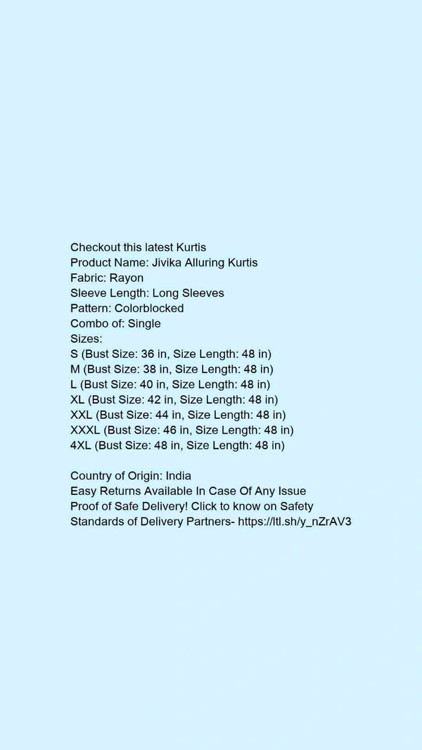 Product Name: *Adrika Petite Kurtis*Fabric: RayonSleeve Length: Long SleevesPattern: ColorblockedCombo of: Single - colour- ⚪, size- M