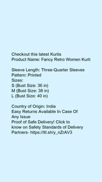 Product Name: *Fancy Retro Women Kurti*Sleeve Length: Three-Quarter SleevesPattern: Printed - size- L