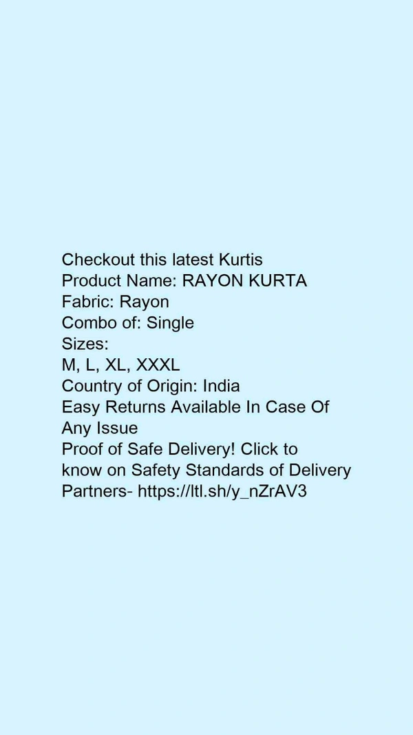 Product Name: *RAYON KURTA*Fabric: RayonCombo of: Single - size- XL