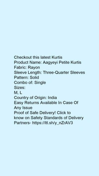 Product Name: *Kashvi Graceful Kurtis*Fabric: RayonSleeve Length: Three-Quarter SleevesPattern: SolidCombo of: Single - colour- dark blue, size- XL