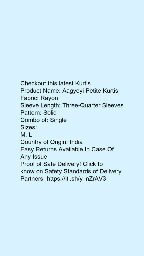 Product Name: *Kashvi Graceful Kurtis*Fabric: RayonSleeve Length: Three-Quarter SleevesPattern: SolidCombo of: Single - colour- dark blue, size- XL