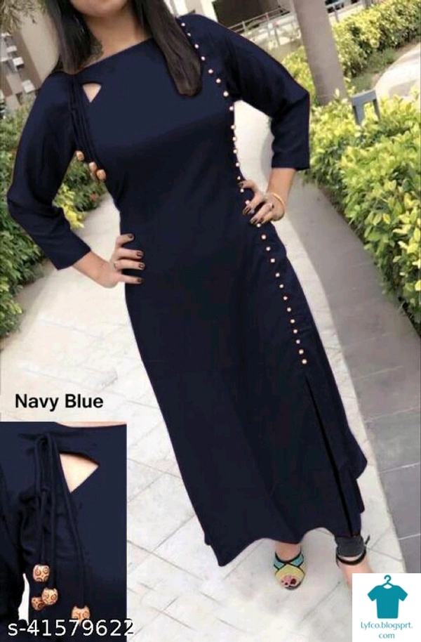 Product Name: *Kashvi Graceful Kurtis*Fabric: RayonSleeve Length: Three-Quarter SleevesPattern: SolidCombo of: Single - colour- dark blue, size- XL
