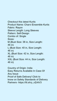 Product Name: *Charvi Ensemble Kurtis*Fabric: RayonSleeve Length: Long SleevesPattern: Self-DesignCombo of: Single - size- XL