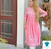 Product Name: *KUNJAL PEACH EMBROIDARY  KURTI*Fabric: Rayon SlubSleeve Length: Three-Quarter SleevesPattern: EmbroideredCombo of: Single - size- M