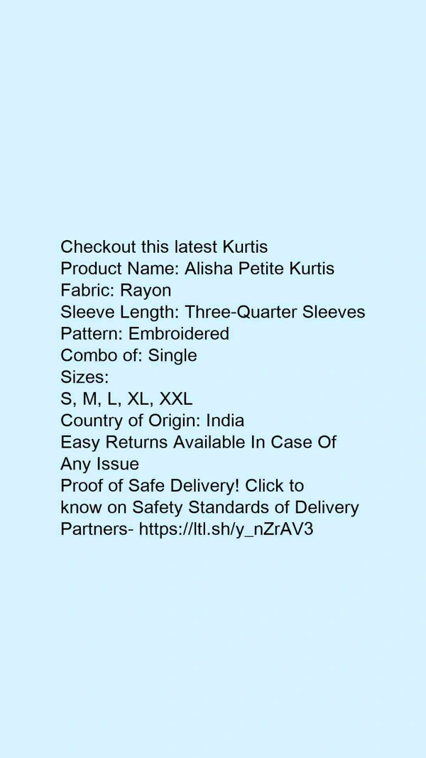 Product Name: *Aagyeyi Attractive Kurtis*Fabric: RayonSleeve Length: Three-Quarter SleevesPattern: EmbroideredCombo of: Single - colour- Dark Green, size- S