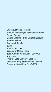 Product Name: *Myra Fashionable Kurtis*Fabric: RayonSleeve Length: Three-Quarter SleevesPattern: PrintedCombo of: Single - size- S