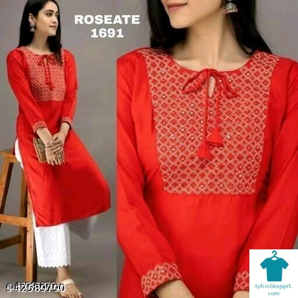 Product Name: *Myra Fashionable Kurtis*Fabric: RayonSleeve Length: Three-Quarter SleevesPattern: PrintedCombo of: Single - size- M