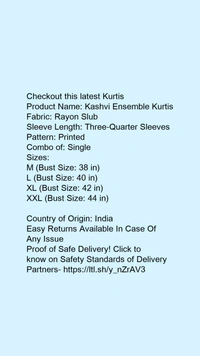 Product Name: *Kashvi Ensemble Kurtis*Fabric: Rayon SlubSleeve Length: Three-Quarter SleevesPattern: PrintedCombo of: Single - size-. L